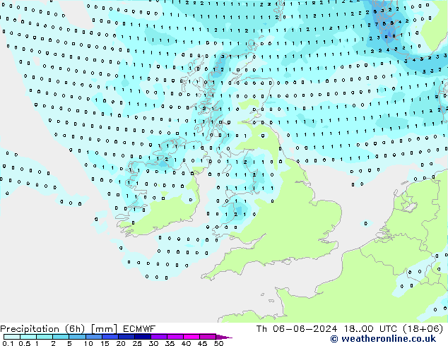 Totale neerslag (6h) ECMWF do 06.06.2024 00 UTC