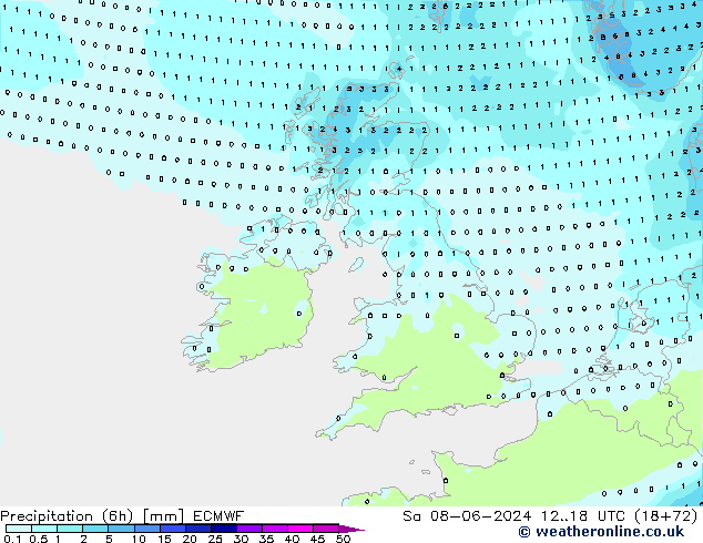 Precipitation (6h) ECMWF Sa 08.06.2024 18 UTC