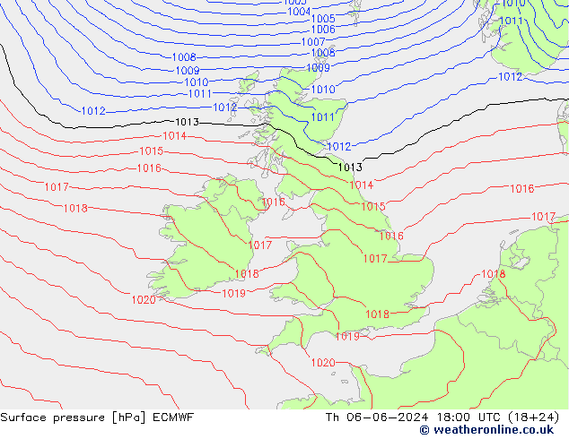 Atmosférický tlak ECMWF Čt 06.06.2024 18 UTC