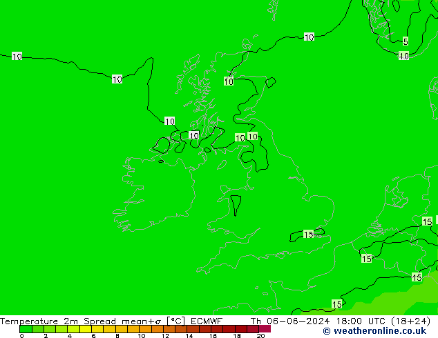 Temperatura 2m Spread ECMWF gio 06.06.2024 18 UTC