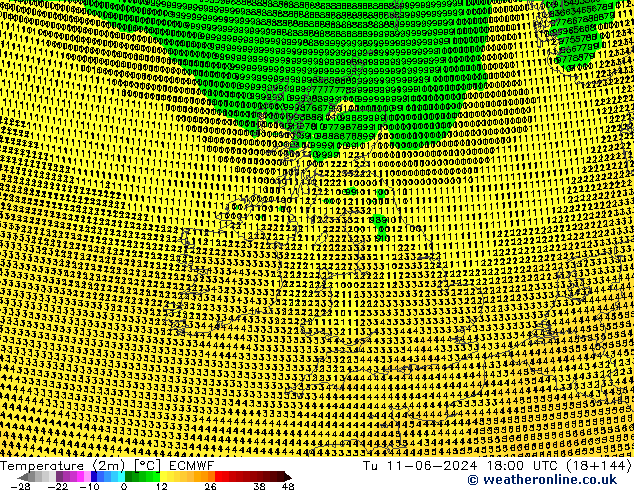 Temperature (2m) ECMWF Tu 11.06.2024 18 UTC