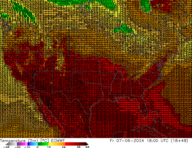 Temperature (2m) ECMWF Pá 07.06.2024 18 UTC