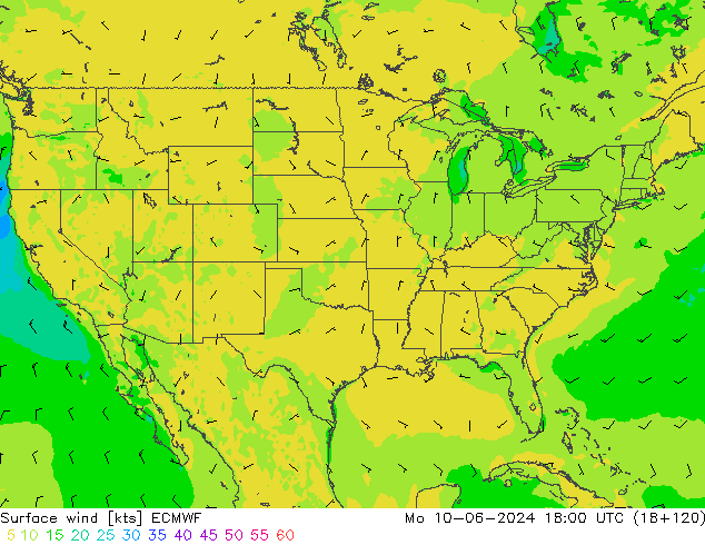 wiatr 10 m ECMWF pon. 10.06.2024 18 UTC