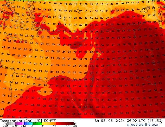 Temperature (2m) ECMWF Sa 08.06.2024 06 UTC