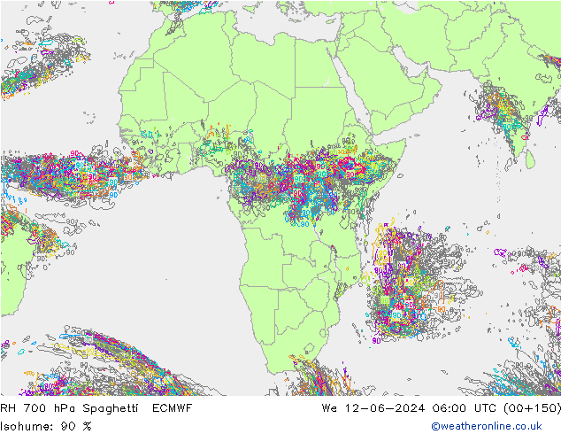 RH 700 hPa Spaghetti ECMWF mer 12.06.2024 06 UTC