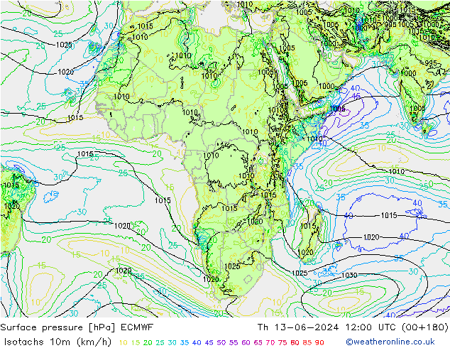 Isotachs (kph) ECMWF Čt 13.06.2024 12 UTC