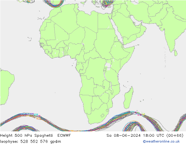 Height 500 hPa Spaghetti ECMWF Sa 08.06.2024 18 UTC