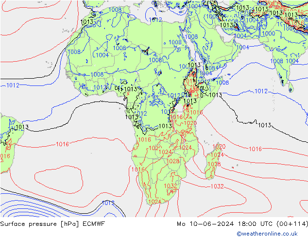 Atmosférický tlak ECMWF Po 10.06.2024 18 UTC