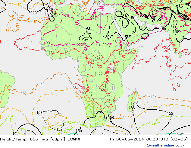 Geop./Temp. 850 hPa ECMWF jue 06.06.2024 06 UTC