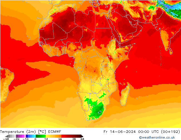 mapa temperatury (2m) ECMWF pt. 14.06.2024 00 UTC