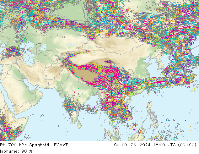 Humidité rel. 700 hPa Spaghetti ECMWF dim 09.06.2024 18 UTC