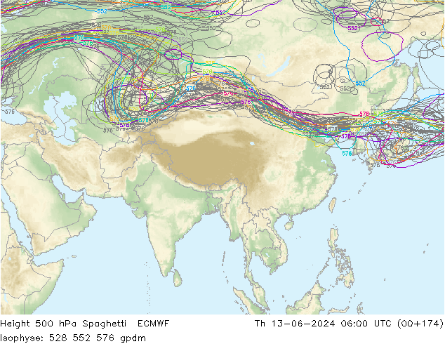 Height 500 hPa Spaghetti ECMWF Th 13.06.2024 06 UTC