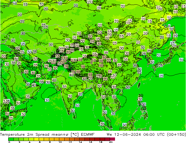 température 2m Spread ECMWF mer 12.06.2024 06 UTC