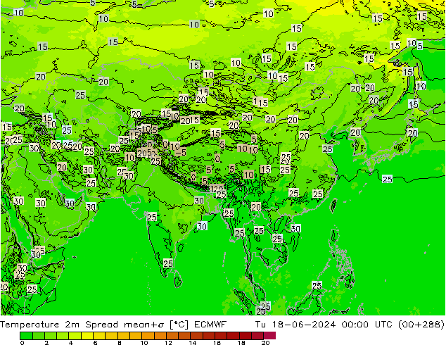 Temperature 2m Spread ECMWF Tu 18.06.2024 00 UTC