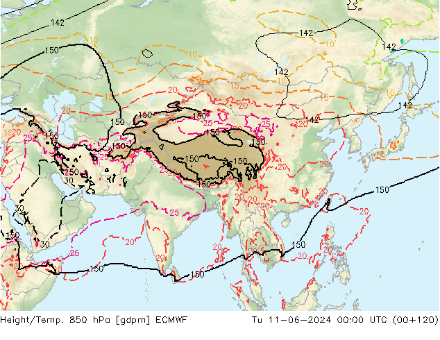 Yükseklik/Sıc. 850 hPa ECMWF Sa 11.06.2024 00 UTC