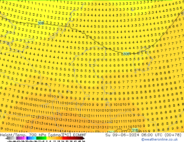 Height/Temp. 700 hPa ECMWF nie. 09.06.2024 06 UTC