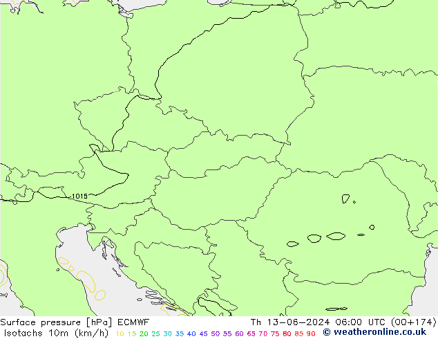 Isotachs (kph) ECMWF Th 13.06.2024 06 UTC