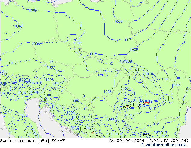 Atmosférický tlak ECMWF Ne 09.06.2024 12 UTC