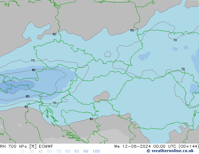 Humidité rel. 700 hPa ECMWF mer 12.06.2024 00 UTC