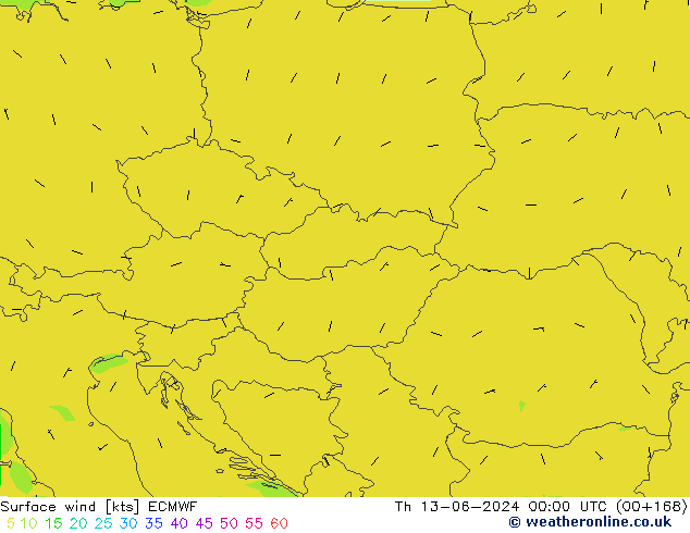 Vento 10 m ECMWF gio 13.06.2024 00 UTC