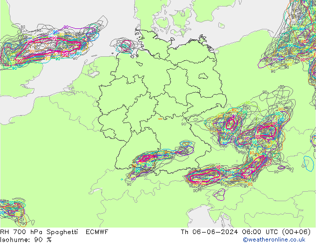 RH 700 hPa Spaghetti ECMWF Čt 06.06.2024 06 UTC