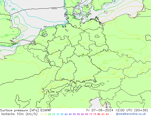 Isotachs (kph) ECMWF Fr 07.06.2024 12 UTC