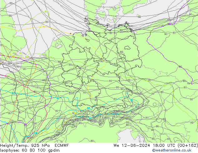 Hoogte/Temp. 925 hPa ECMWF wo 12.06.2024 18 UTC