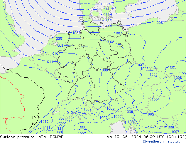 Presión superficial ECMWF lun 10.06.2024 06 UTC