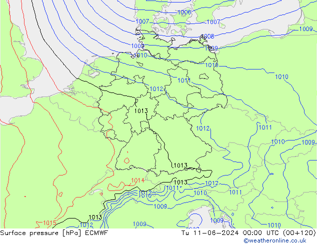 Surface pressure ECMWF Tu 11.06.2024 00 UTC