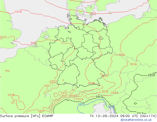 Surface pressure ECMWF Th 13.06.2024 06 UTC