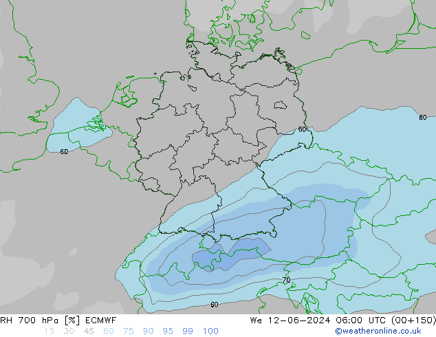 Humedad rel. 700hPa ECMWF mié 12.06.2024 06 UTC