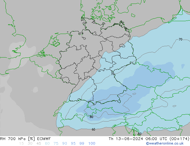 RH 700 hPa ECMWF Čt 13.06.2024 06 UTC