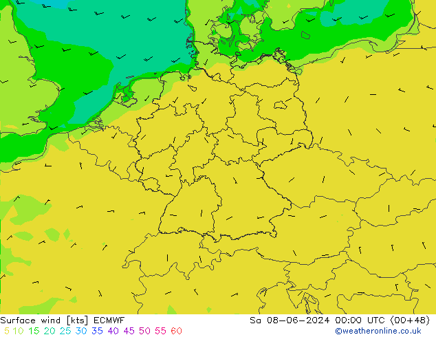 wiatr 10 m ECMWF so. 08.06.2024 00 UTC