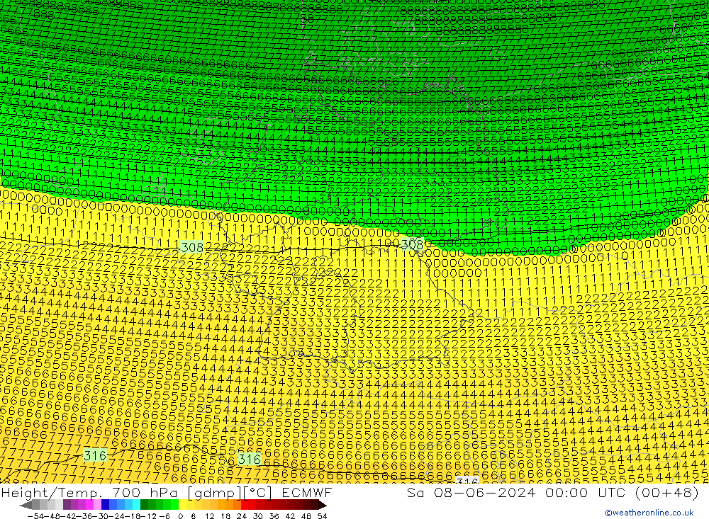 Height/Temp. 700 hPa ECMWF Sa 08.06.2024 00 UTC