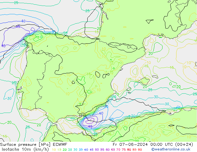 Isotachs (kph) ECMWF ven 07.06.2024 00 UTC