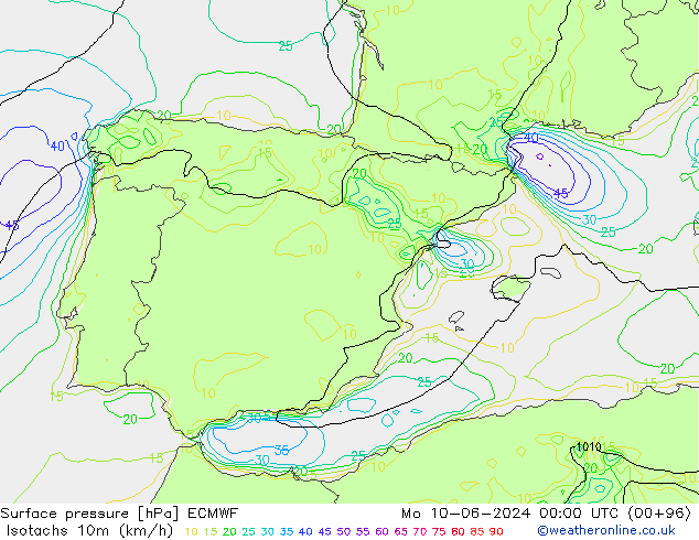 Isotachs (kph) ECMWF Mo 10.06.2024 00 UTC