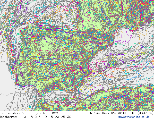 Temperature 2m Spaghetti ECMWF Th 13.06.2024 06 UTC