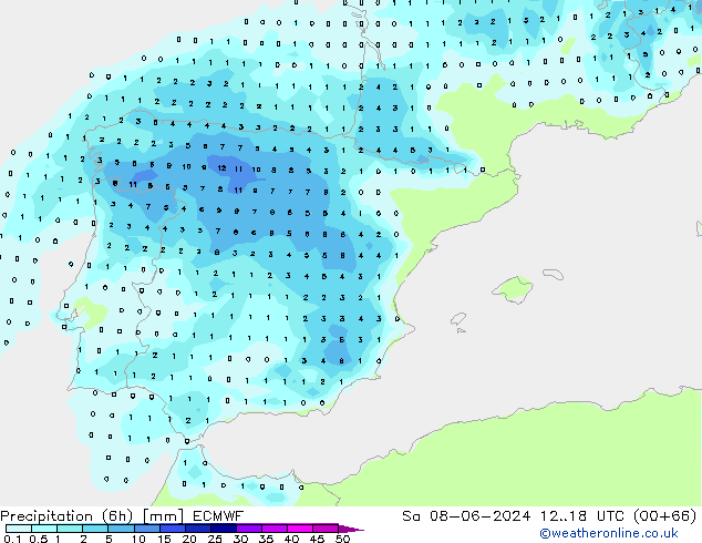 Totale neerslag (6h) ECMWF za 08.06.2024 18 UTC