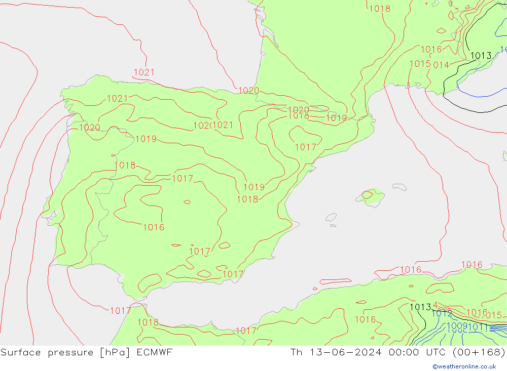 Pressione al suolo ECMWF gio 13.06.2024 00 UTC