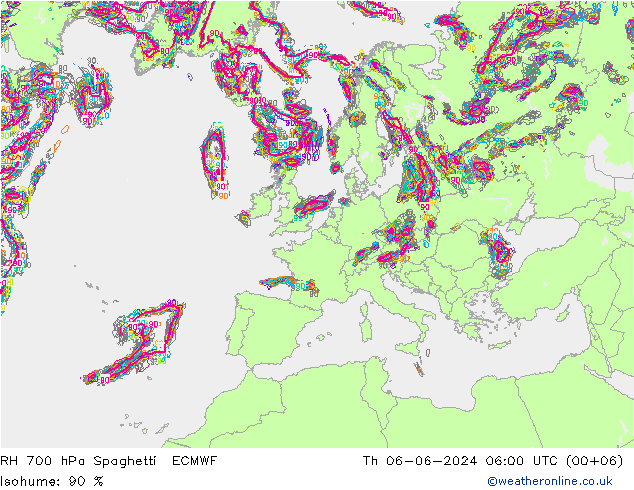 RH 700 hPa Spaghetti ECMWF Qui 06.06.2024 06 UTC