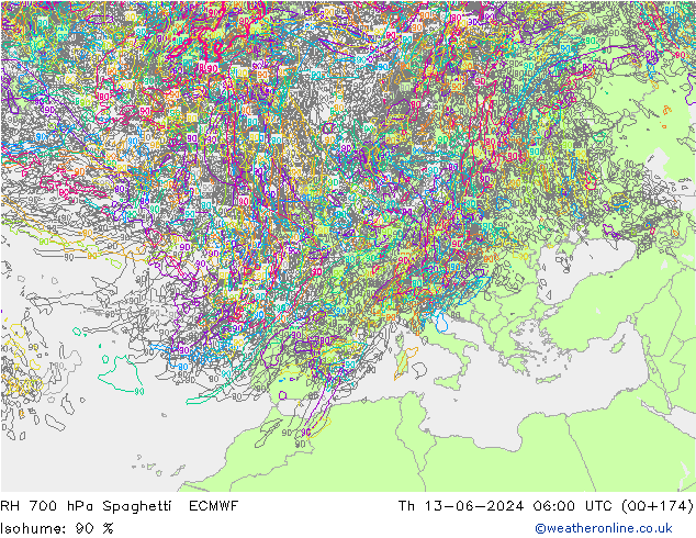 RH 700 hPa Spaghetti ECMWF Čt 13.06.2024 06 UTC