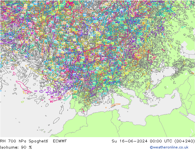 RH 700 hPa Spaghetti ECMWF So 16.06.2024 00 UTC