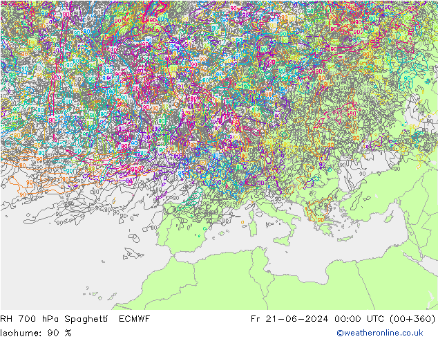 RH 700 hPa Spaghetti ECMWF Sex 21.06.2024 00 UTC