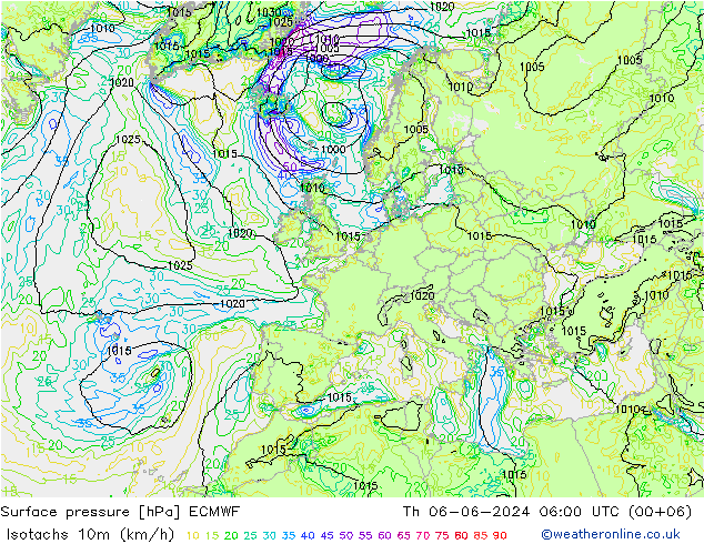 Isotachen (km/h) ECMWF Do 06.06.2024 06 UTC