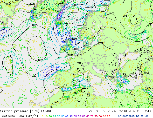 Isotachen (km/h) ECMWF za 08.06.2024 06 UTC