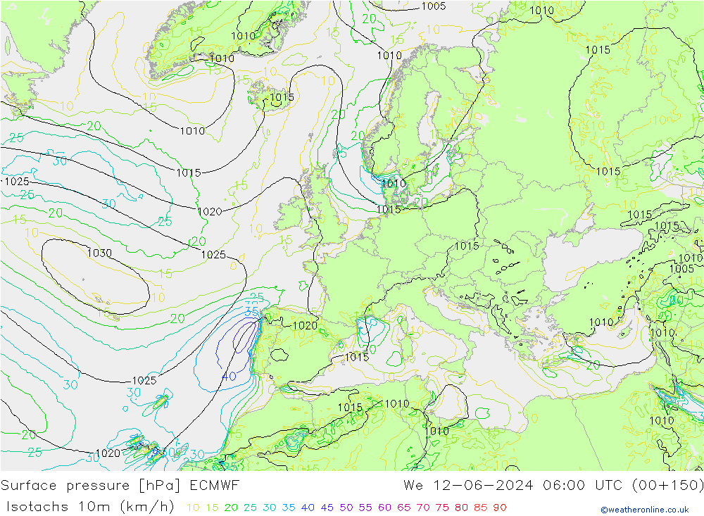 Isotachen (km/h) ECMWF wo 12.06.2024 06 UTC