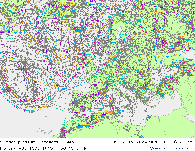 Surface pressure Spaghetti ECMWF Th 13.06.2024 00 UTC