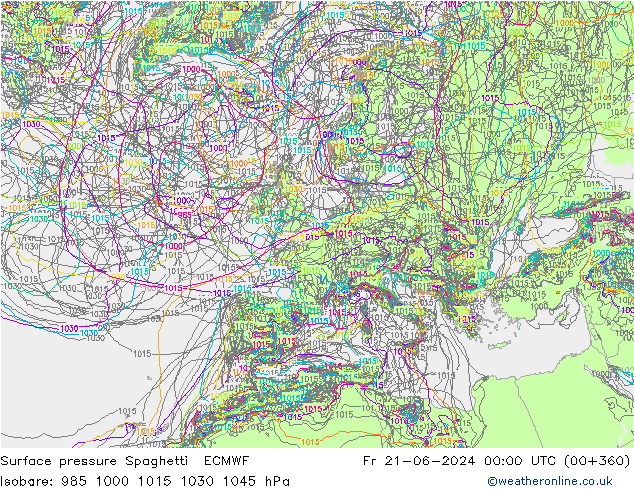 Luchtdruk op zeeniveau Spaghetti ECMWF vr 21.06.2024 00 UTC