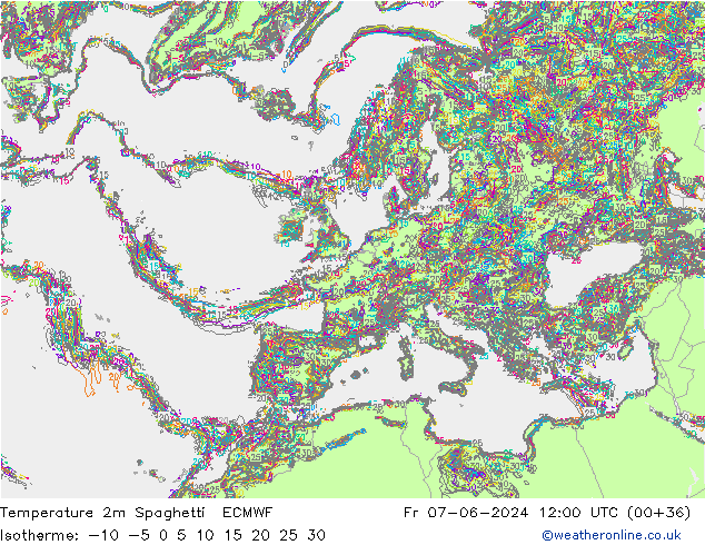 Temperatura 2m Spaghetti ECMWF vie 07.06.2024 12 UTC