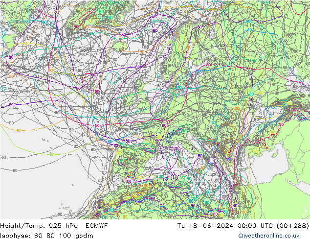 Height/Temp. 925 hPa ECMWF Tu 18.06.2024 00 UTC